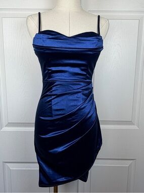 Windsor Navy Satin pleated Mini Dress